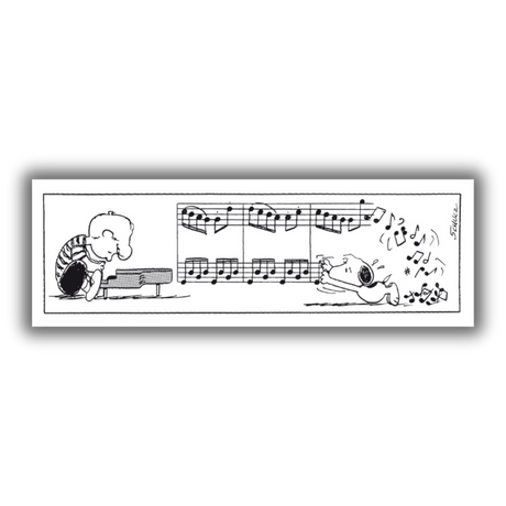 Art Paint of Schroeder, intently plays piano on the left, with musical notes flowing towards Snoopy who joyfully interacts with them on a white canvas.