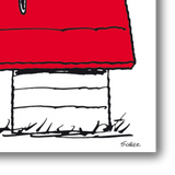 Dettaglio di "SNOOPY on the roof", con Snoopy disteso sul tetto rosso della sua cuccia in bianco e nero.