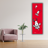 Nuova Ambientazione di "SNOOPY che vola" di Charles Schulz, con sfondo rosso, mostra Snoopy in diverse pose aeree.