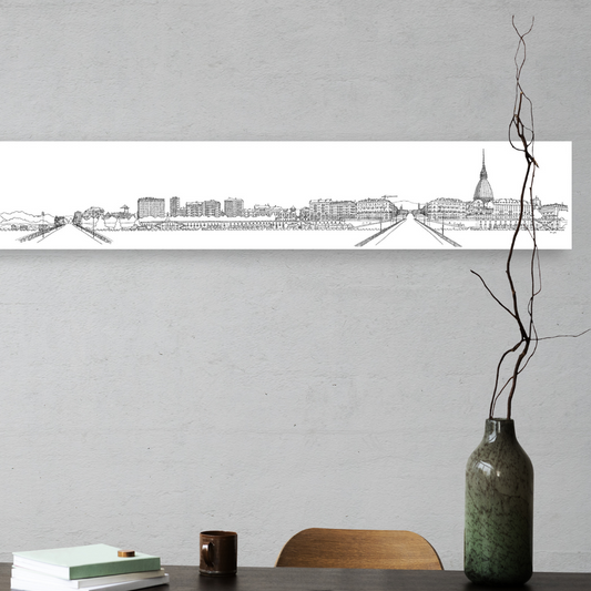 Ambientazione Quadro 'Turin Skyline from Po River' di Pericoli, arte che incornicia l'eleganza di Torino per i tuoi spazi.