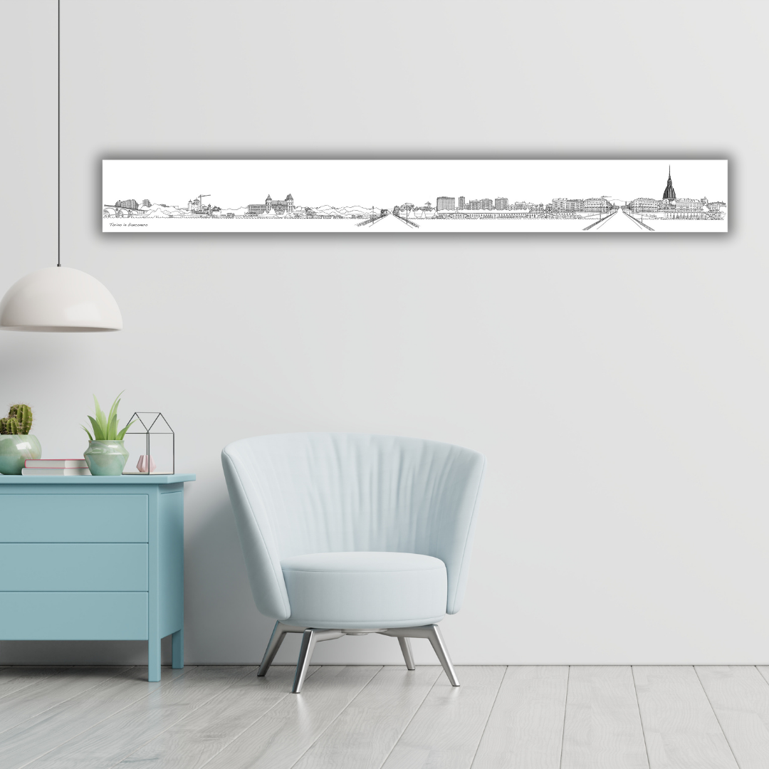 Ambientazione Quadro Juventus Torino in bianconero 'Turin Skyline from Po River' di Pericoli, arte che incornicia l'eleganza di Torino per i tuoi spazi.