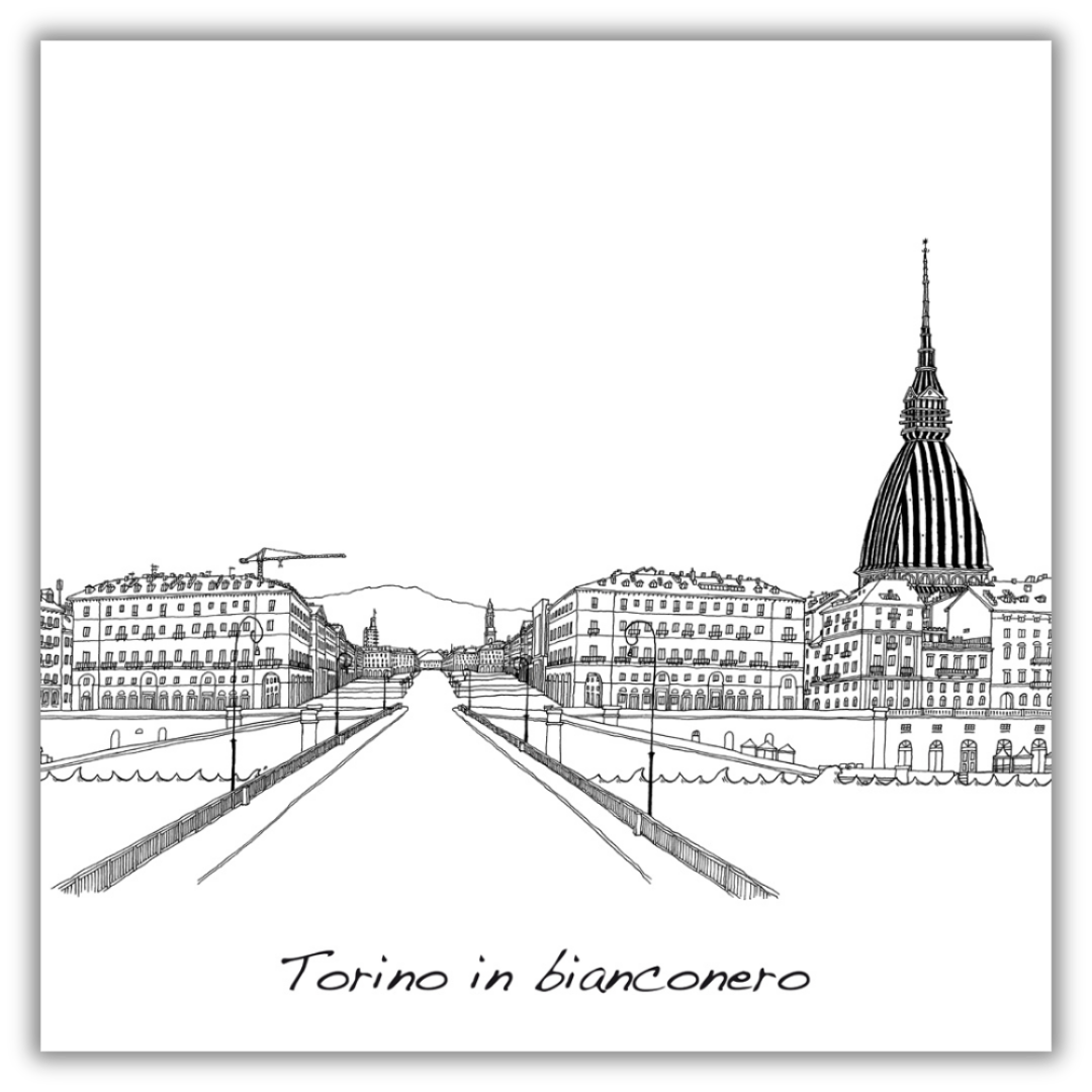 Quadro quadrato Juventus 'Turin Skyline from Po River' di Pericoli, arte che incornicia l'eleganza di Torino per i tuoi spazi.