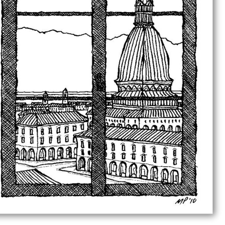 Dettaglio Quadro Illustrazione a china in bianco e nero che ritrae la Mole Antonelliana vista da una finestra immaginaria, opera di Matteo Pericoli.