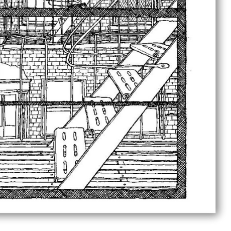 Dettaglio Quadro Disegno dettagliato di una vista urbana di New York da una finestra, in bianco e nero, per un'intima prospettiva metropolitana.