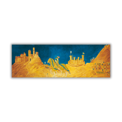 Quadro Papericcio da Milano di Michelangelo Rossino, un'opera artistica che rielabora con ironia la scena medievale di Guidoriccio da Fogliano, mostrando pavoni colorati in un paesaggio fantastico dorato.