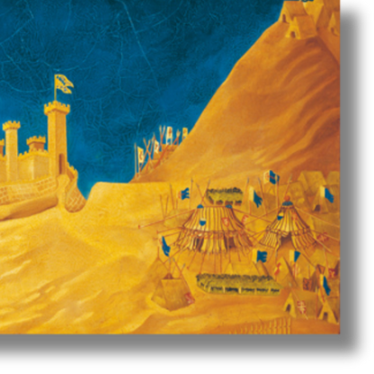 Dettaglio quadro Papericcio da Milano di Michelangelo Rossino, un'opera artistica che rielabora con ironia la scena medievale di Guidoriccio da Fogliano, mostrando pavoni colorati in un paesaggio fantastico dorato.