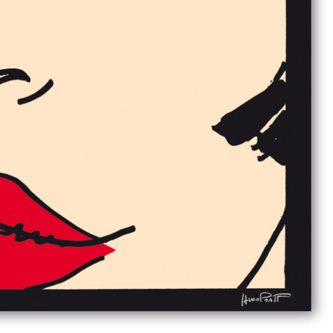 Dettaglio quadro La sensualità del tango in 'Occhi verdi di donna e labbra rosse', un'opera intensa che esprime il calore della danza, firmata da Hugo Pratt.