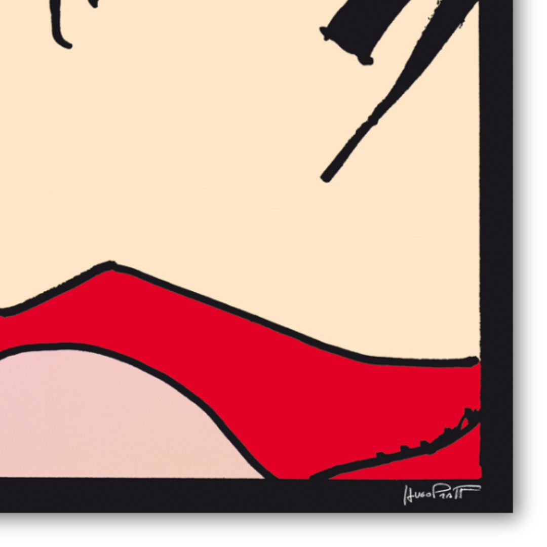 Dettaglio di un quadro con Le labbra rosse sensuali di una donna in stile tango, un trionfo dell'espressione artistica di Hugo Pratt.