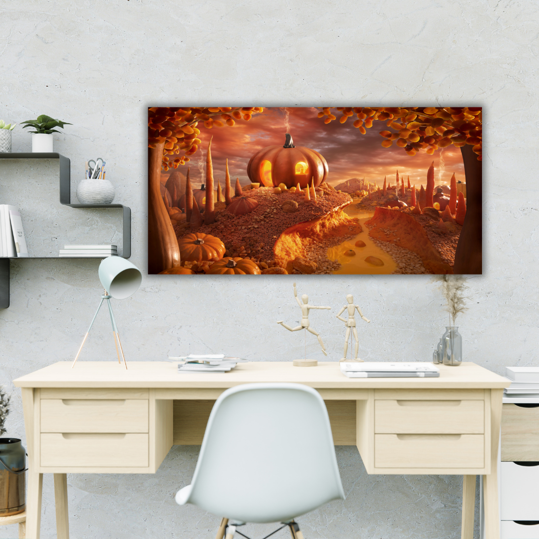 Ambientazione quadro Pumpkin Paradise', un paesaggio autunnale di zucche sotto un cielo al tramonto, creato da Carl Warner.