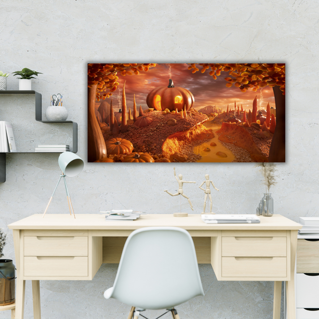 Ambientazione quadro Pumpkin Paradise', un paesaggio autunnale di zucche sotto un cielo al tramonto, creato da Carl Warner.