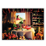 Quadro Opera artistica 'Tuscan Kitchen' di Carl Warner, che raffigura una cucina rustica toscana realizzata interamente con cibo, in un ambiente domestico moderno e ben illuminato