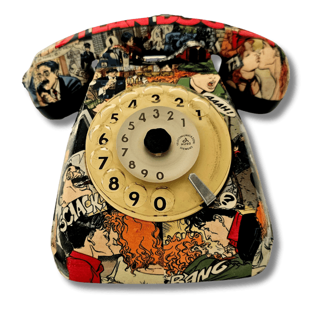 Telefono artistico con illustrazioni di Dylan Dog, pezzo unico e fatto a mano.