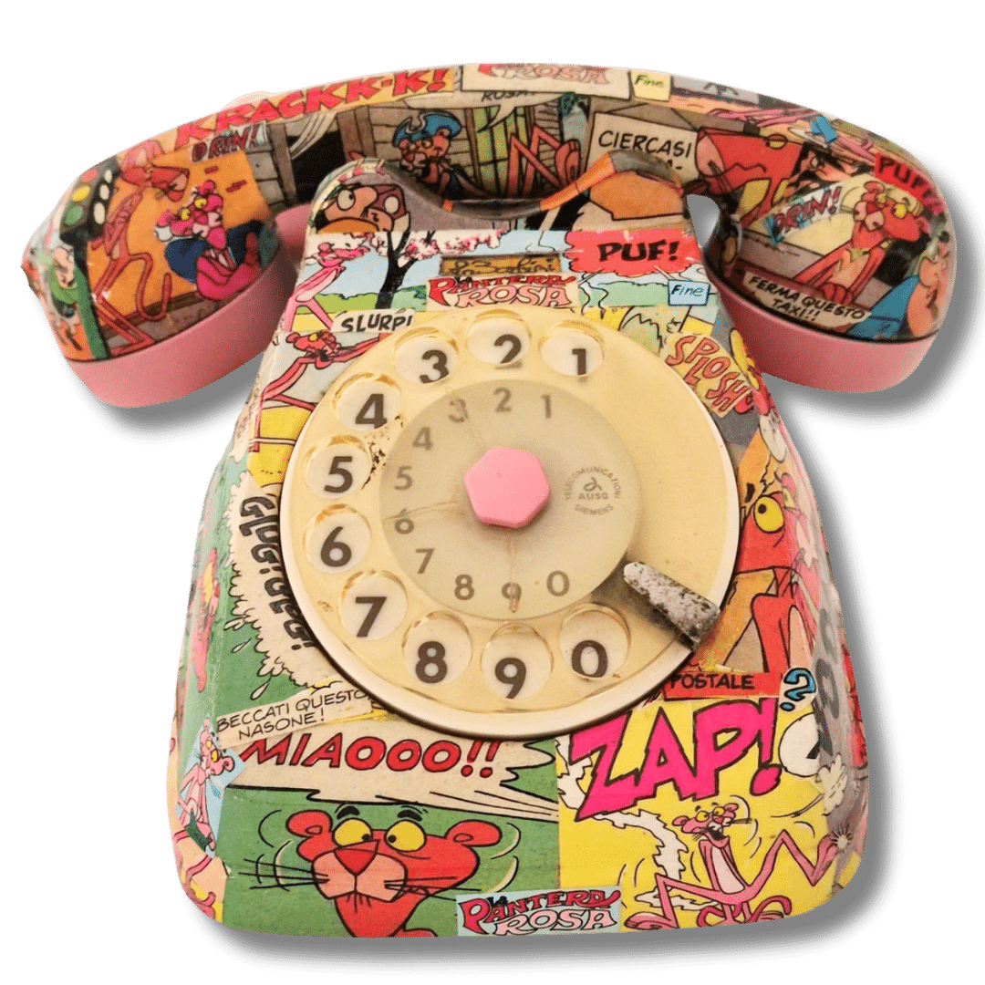 Telefono artistico decorato con vignette della Pantera Rosa, realizzato a mano e perfettamente funzionante.