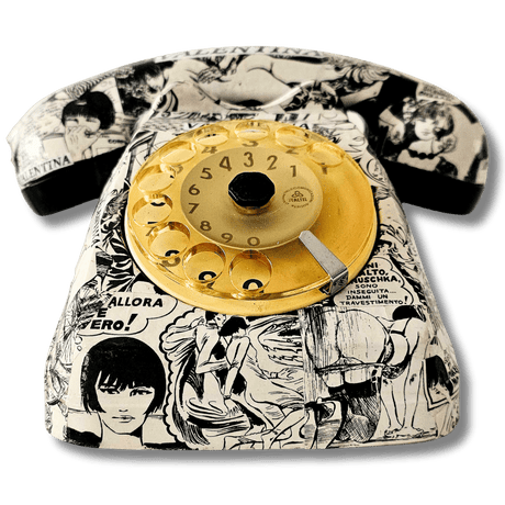 Telefono artistico Valentina - Ring Art Phone unico e fatto a mano con illustrazioni in bianco e nero.
