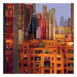 Illustrazione "New York I" di Pierpaolo Rovero, che raffigura scorci di vita urbana nei grattacieli di New York, parte della collezione "Imagine All the People".