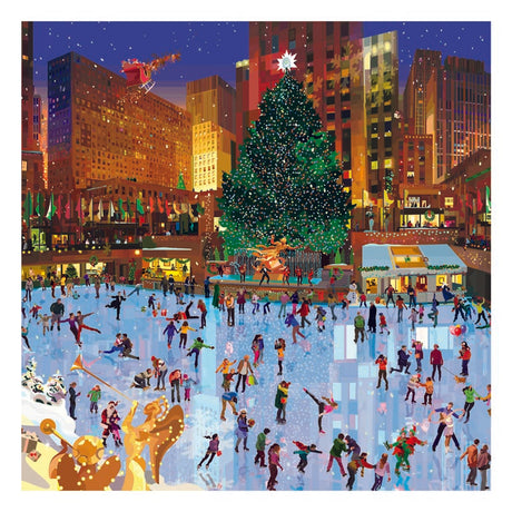 Illustrazione "New York Ice" di Pierpaolo Rovero che raffigura la pista di pattinaggio a Rockefeller Center durante il Natale, parte della collezione "Imagine All the People".