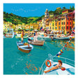 Illustrazione "Portofino Sails" di Pierpaolo Rovero, scena vivace di barche e paesaggio a Portofino. Collezione "Imagine All the People".






