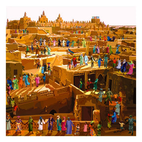 Raffigurazione di Timbuktu con persone in festa, parte della collezione IMAGINE ALL THE PEOPLE di Pierpaolo Rovero.

